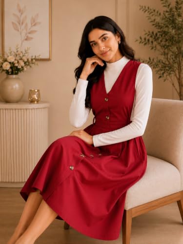 Image of WineRed Women Soild Pinafore Dress with Button