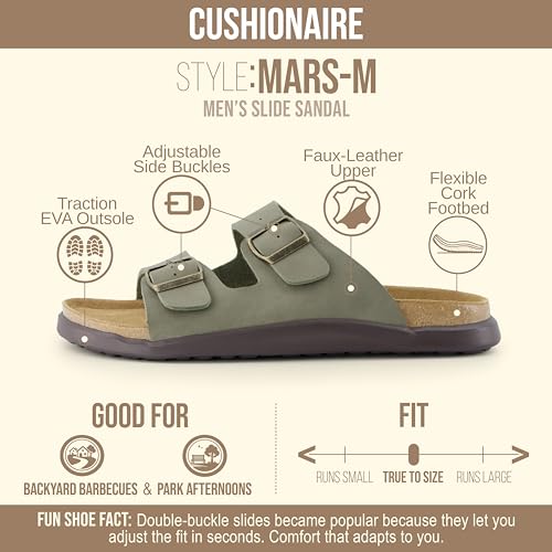 Image of CUSHIONAIRE Mars Double Buckle Slide Sandals for Men with Arch Support, Cork Footbed and EVA Outsole