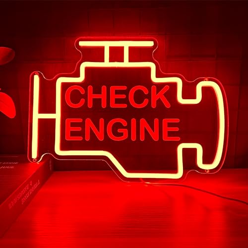 Image of Check Engine Neon Sign, 15x11in Garage Led Neon Light, Dimmable LED Neon Signs for Wall Decor, Powered by USB Neon Sign, Wall Art Gift for Men, Neon Signs for Man Cave Garage Room Auto Repair Shop