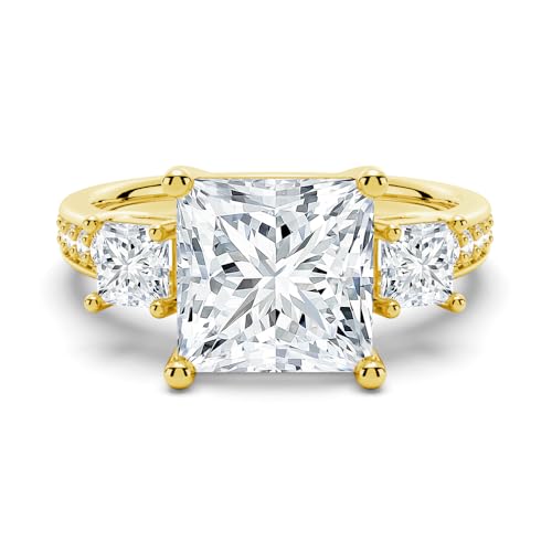 MSBLUE® Three Princess Cut Moissanite Engagement Ring with Pave, 14K Gold Vermeil, Rhodium Finish