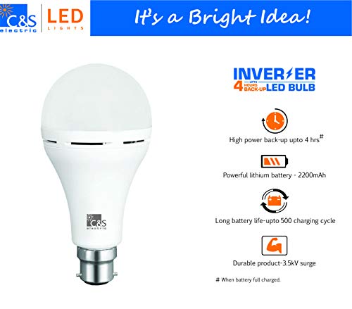 Image of C&S Electric 9W B22 LED Inverter, Rechargeable, Emergency Bulb (White) - Pack of 5