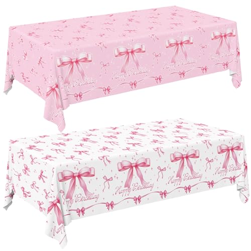 Image of Gatherfun Pink Bow-Themed Party Supplies Set for Women: Happy Birthday & Bachelorette Decorations Combo - Includes 2 Disposable Tablecloths (54 x 108 inch) for Birthday & Tea Party Decorations