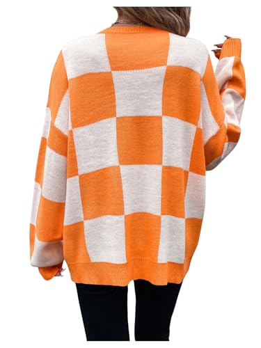 SHENHE Women's Checkered Color Block Oversized Sweater Plaid Crew Neck Drop Shoulder Pullovers2
