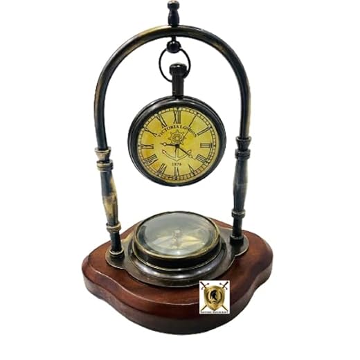 Maritime Compass Nautical Table Clock Ship's Clock Antique Brass Hanging Desk/Shelf Clock Victoria London compass wood Base Vintage Decorative Clock for Your Love one & Wedding Gift
