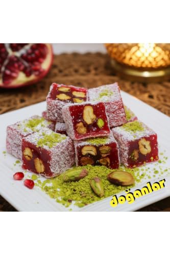 Pomegranate Pistachio Double Roasted Turkish Delight 2.2 lb - Gluten-Free, Gelatin-Free Confectionery with Coconut Coating