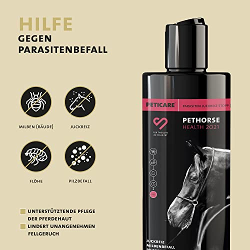 Peticare Anti-Parasiten Pferde-Shampoo | gegen Milben Flöhe Pilze | lindert effektiv Juckreiz & unterstützt Regenerationsprozess | einzigartiges PRS® System für Lange Wirkung – petHorse Health 2021