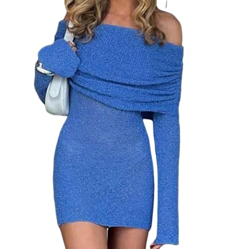 Womens Elegant Off The Shoulder Knit Sweater Dress Sheer Flare Long Sleeve Cute Mini Dress2