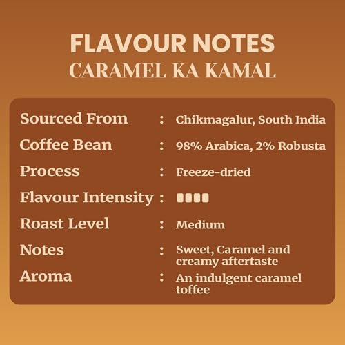 Image of Impulse Coffees Caramel Ka Kamaal Instant Coffee Powder | Sweet Caramel Flavour with Creamy Aftertaste & Indulgent Toffee Aroma | No Added Sugar Flavoured Coffee Powder for Cafe-Style Brews | 50 Gms