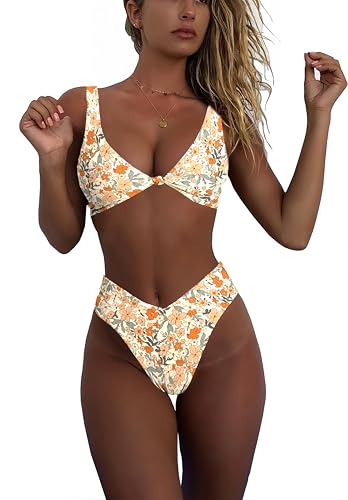 Image of geluboao Bikini Set for Women Solid V Neck Knot Front Push Up High Leg Thong Two Piece Swimsuit