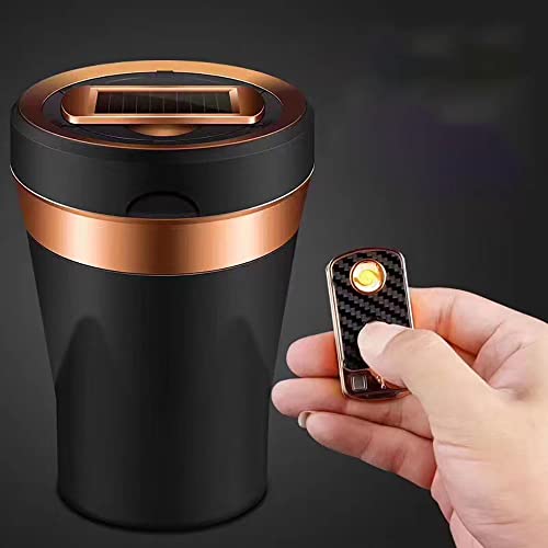 Image of Detachable Ceramics Car Ashtray with Lid Blue LED Light Red, Portable Ashtray Fit for Most Vehicles Homes Office, Removable Solar Energy USB Charging Ashtray