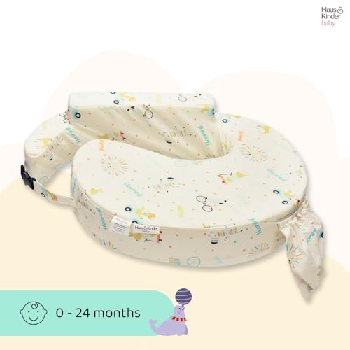 Image of haus & kinder Baby Feeding Pillow for New Born Baby, Breastfeeding & Nursing Pillow with Removable Cover, Posture Support with Pocket, Adjustable Strap, 0-24 Months (Animal Circus)