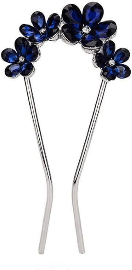 おしゃれ かわいい 簪 かんざし バチ 髪飾り 和装 留袖 振袖 金属 クリスタル フラワー 梅 花 ヘアアクセサリー U字 ブルー