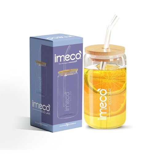 Image of IMECO ECO JAR Borosilicate Glass Sipper with Bamboo Lid & Straw, 500ml | Leak-Proof, BPA-Free & Eco-Friendly | Travel-Ready Bottle for Milk, Coffee, Green Tea & Water