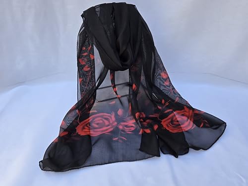 Red Roses on Black Lightweight Sheer Chiffon Fashion Wrap Scarf, 58 x 19 in Good Things To Come!2
