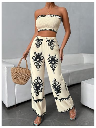 WDIRARA Women's 2 Piece Outfits Sleeveless Strapless Smocked Crop Tube Top and Graphic Wide Leg Pants Set3