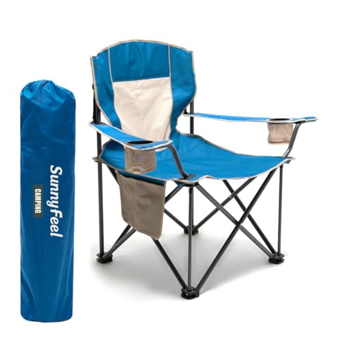 SUNNYFEEL Camping Chairs for Adults, Oversized Camping Chair Heavy Duty 500LBS, Portable Lawn Chair with Cup Holder, Side Pocket&Bag for Outdoor Camping/Beach/Picnic/Fishing, Blue