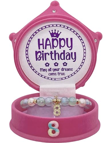 Image of ZomefinKiu Girls 8th Birthday Princess - Blue Charm Bracelet, Crown Shape Keepsake Jewelry Box, 8 Year Old Girl Birthday Outfit for 8th Bday Party