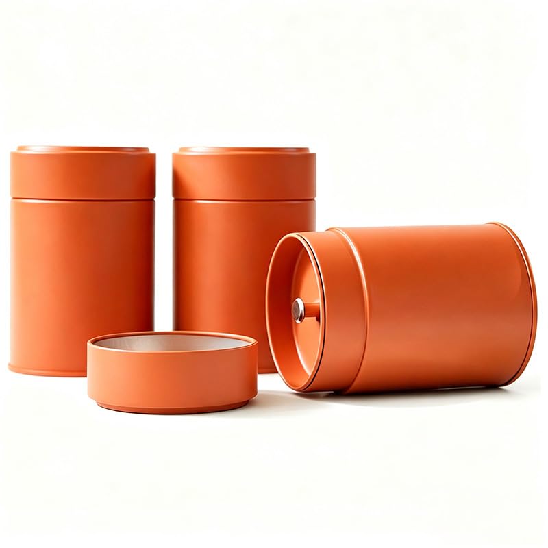 Image of 3-Pack Tea Tin Canister with Airtight Double Lids, 14 Fl Oz Tin Can Box and Round Kitchen Canisters for Loose Tea, Coffee, Candy, Herbs and Matcha Powder (Orange, 2.95 * 4.25'')