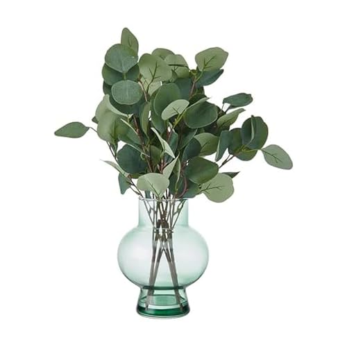 Elements Artificial Eucalyptus Arrangement in Green Glass Vase, Realistic Look