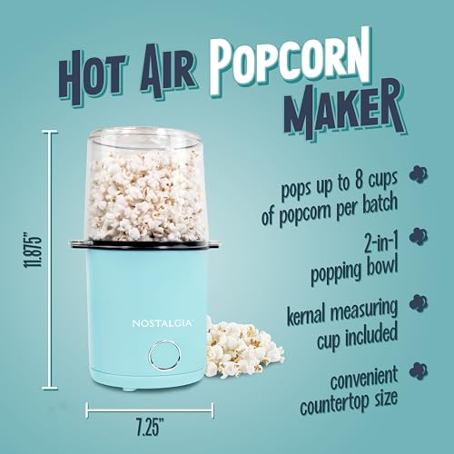 Nostalgia 8-Cup Hot Air Popcorn Maker & Bowl - 2-In-1 Bowl & Lid, 2 oz Measuring Cup - Oil-Free Pop Corn for Movie Night, Snacks, Birthday Parties, and More - Aqua by Nostalgia - Image 2