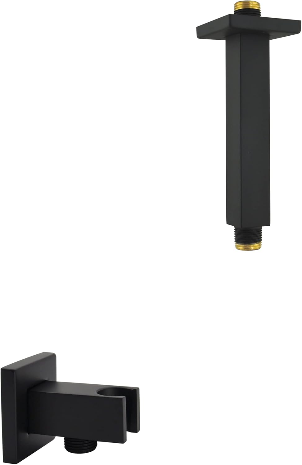 Aquaiaw Shower Arm and Wall Supply Elbow Bundle, 6 inch Ceiling Mount Shower Arm with Anti-Scratch Flange, Wall Union with Handheld Shower Head Holder, Both Solid Brass and Matte Black, Square