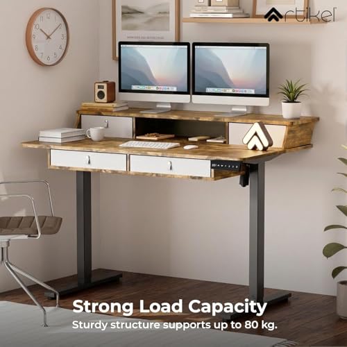 Image of ARTIKEL Valor Electric Height Adjustable Standing Desk with Storage Drawers & Shelves| Sit-Stand Desk for Home Office |Ergonomic Workspace Table (Brown, Valor (120 * 69cm))