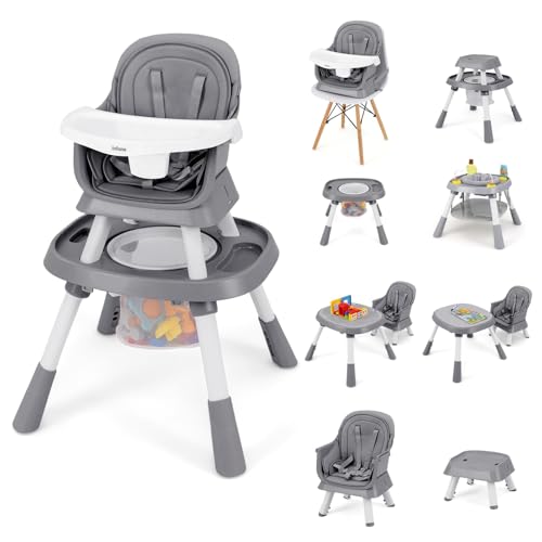 Image of INFANS 9 in 1 High Chair, Convertible Baby Highchair for Babies and Toddlers, Table and Chair Set Building Block Infant Dining Booster Seat, Kids Stool with Activity Children Play Kitchen (Grey)