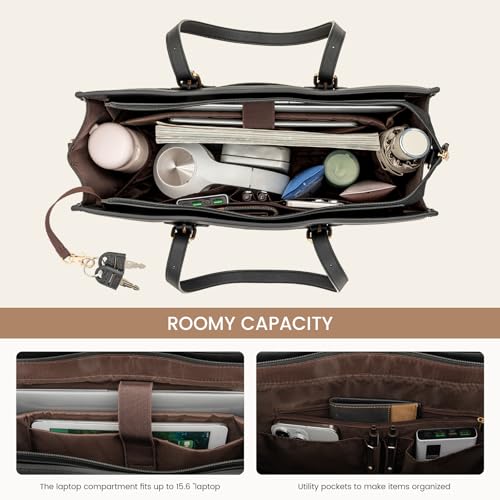 Image of LOVEVOOK Laptop Tote for Women, 17.3 inch Waterproof PU Leather Computer Bag, Large Capacity Work Tote, Black