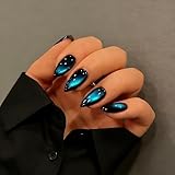 KQueenest Cat Eye Press On Nails Almond - Dark Ocean Blue Press On Nails Medium Stiletto, 30 Pcs 15 Sizes Glitter Fake Nails Press ons Black, Upgrade Thick Quality Glue on Nail for Women Party