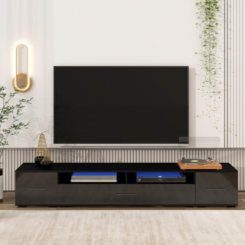 Extended, Minimalist Design Stand with Color Changing LED Lights, Modern Universal Entertainment Center, High Gloss Cabinet for 90+ inch TV, Black