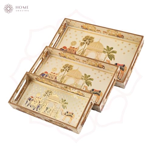 Image of Wooden Serving Tray with Gold Engraving | Set of 3 | Size : 16 x 10 inch, 14 x 8 inch & 12 x 6 inch | Enamel Coated Waterproof | Rectangular | Decorative Trays | Royal Camel Set