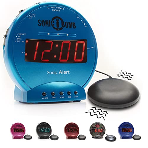 Image of Sonic Alert Sonic Bomb Dual Alarm Clock with Bed Shaker, Turquiose Vibrating Alarm Clock Heavy Sleepers, Battery Backup | Wake with a Shake