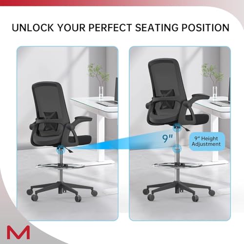 Image of Ergonomic Drafting Chair, Tall Height Adjustable Office Stool with Flip Up Armrest, Adjustable Foot Ring & Lumbar Support, Rolling Mesh High Desk Chair for Standing Desk, Studio & Office Use