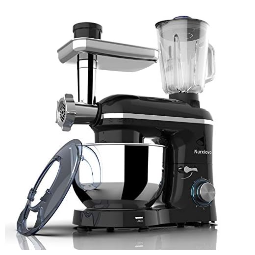 Nurxiovo 3 in 1 Stand Mixer 850W 6 Speed Tilt-Head Kitchen Mixer with 6.5QT Mixer with Stainless Steel Bowl, Dough Hook Whisk Beater, Multifunction Standing Mixers, Meat Blender and Juice Extracter Black