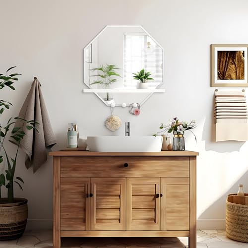 Image of BEAUTME 20x20 inch Octagon Wall Mirrors with Shelf and Hooks, Metal Framed Octagon Mirror for Entryway, Modern Farmhouse Decor Wall Mounted Mirror for Living Room Bedroom Entryway (White)