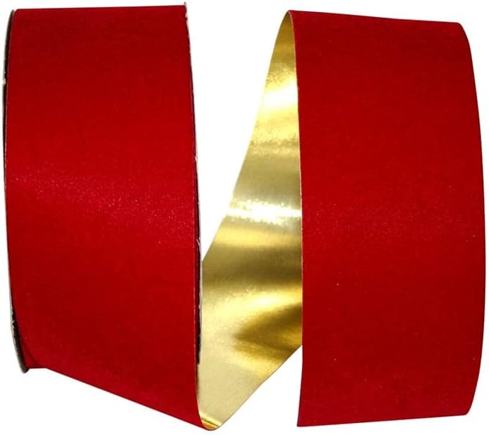 Premium Ribbon Dark or Brick Red Velvet Flocked Christmas Ribbon with Gold Backing 2 1/2" - 25 Yards