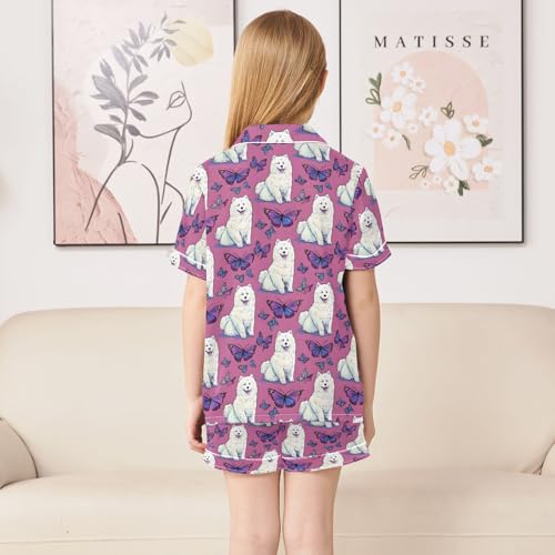 White Samoyed Butterfly Pajamas Sets Short Sleeve Silk Stain Pjs Button Down Sleepwear for 5-14Y4
