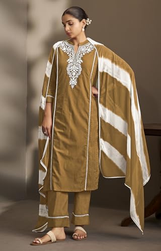 Image of DRESOUL Women Pure Cotton Schiffli Embroidered Kurta Set and Dupatta