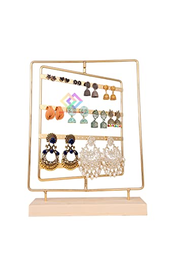 Image of Wooden Metal Earring Stand Gold Metal Chrome Finished Wooden Jewellery Display Stand