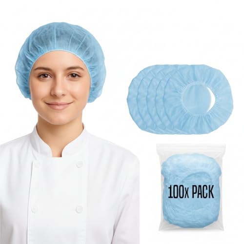 Disposable Hair Nets Mob Caps Blue 100pcs Bulk Premium Hair Covers with Double Elastic Lightweight and Breathable Hygiene Caps Ideal for Kitchen Catering Food Handling and Medical Safety Use.