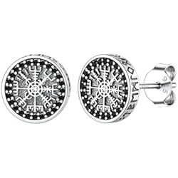 Silvora Pendientes Brujula Vikinga Plano Plata de Primera Ley, Pendientes Vikingos Mujer Plata Negro
