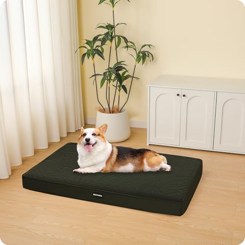 HMTOPE Orthopädisches Hundebett, 9cm Dicke Hundekissen für Mittelgroße Hunde, Abnehmbar und Waschbar Hundematte, rutschfeste Unterseite, Wasserdichtes Innenfutter, 91 cm, Olivgrün