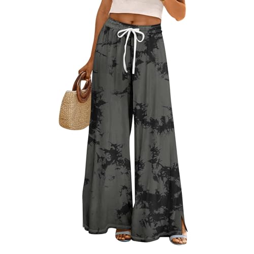 Boho Palazzo Pants for Women with Pockets Wide Leg Elastic High Waist Culottes Loose Lounge Trousers Long Dressy Bottoms