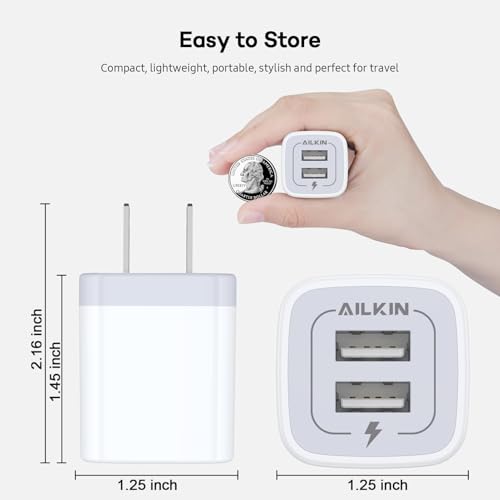 Image of 5Pack USB Wall Charger, Charger Adapter, AILKIN 2.1Amp Dual Port Quick Charge Plug Cube for iPhone 17 /Air /16e /16 /15 /14 /13 /12 /SE /11 Pro Max, Samsung Galaxy, Moto, Kindle Fire Charging Box Block