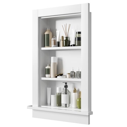 REYOXCEL Wood Recessed Wall Niche Wooden Recessed Medicine Cabinet with Adjustable Shelves Built-in Storage for Bathroom Bedroom Living Room or Kitchen (White 24 L x 14 W)
