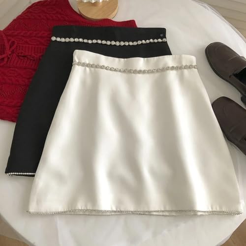 Rhinestones Women Skirts A-line Solid Spring Summer High Waist Mini Skirt3