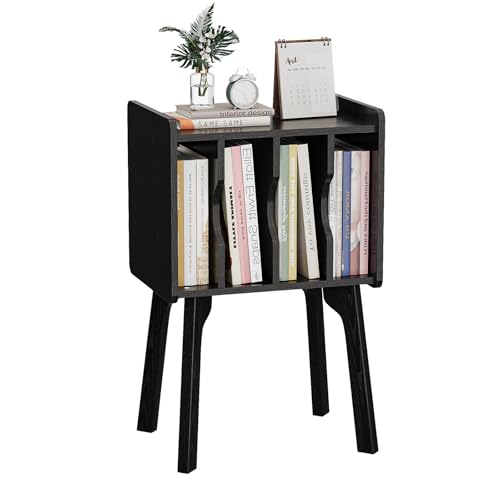 Urban Deco Wooden Nightstand, End Table with 4 Storage Cabinet, Bedside Table with Legs, Side Coffee Table Suit for Small Space and Bedroom, Black