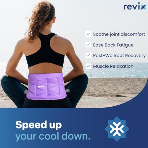 Image of REVIX Ice Pack for Injuries Reusable Gel for Lower Back & Shoulder, Purple | 16x9in Full Coverage for Lower Back, Shoulder, Hip & Knee, Cold Compress Therapy, Hands-free Strap, Long-lasting Gel, 2 Packs