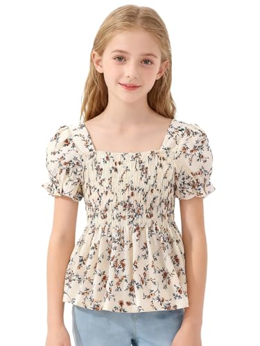 Seechoslo 2025 Tween Girls’ Cute Short Sleeve Square Neck Smocked Elastic Short Sleeve Woven Shirt Top