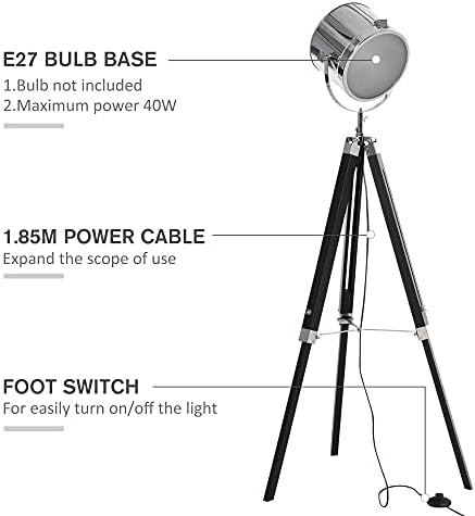 HOMCOM Industrial Style Adjustable Tripod Floor Lamp, Searchlight Lamp with Wooden Legs and Steel Lampshade, 110-155cm, Black